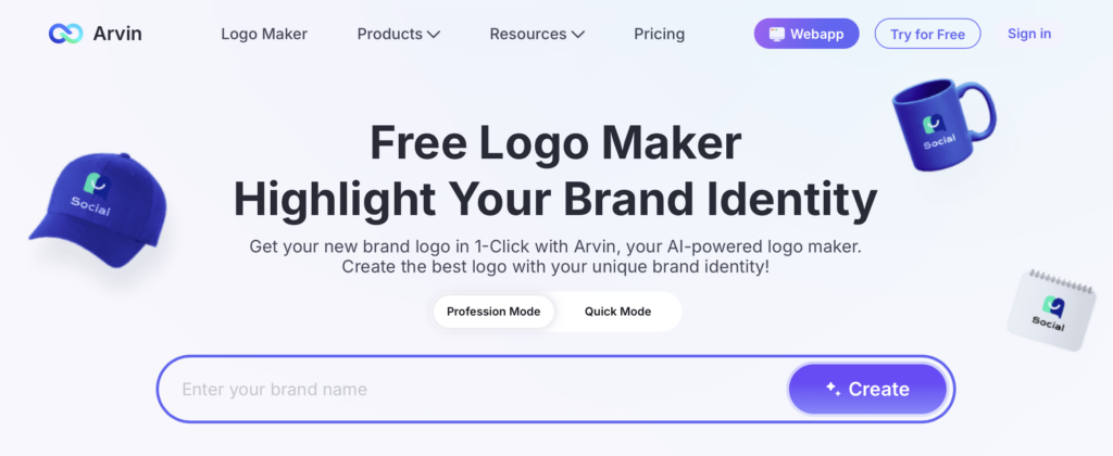 Arvin AI's Free Logo Maker tool with a highlighted headline, showcasing branded merchandise including a hat, mug, and notebook. Features options for profession and quick logo creation modes.